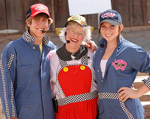 Famous Retired NASPIG racer Shirley Duhgoose with Reporters John and Jenny Knowswine at Bishops Pumpkin Farm in Wheatland, California