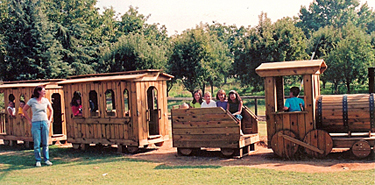 The wooden train is the perfect place for photos at Bishop's Pumpkin Farm in Wheatland, California